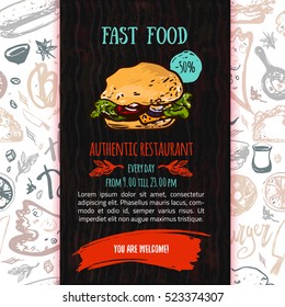 Fast food menu design template with hand-drawn vector illustration. Cover of restaurant menu with burger, pizza, hot dog with seamless pattern.