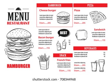 Fast food menu design template. Restaurant or cafe hamburger cover hand drawn background.