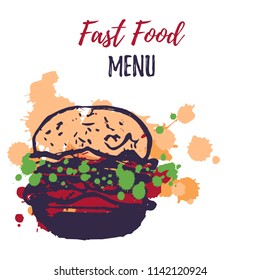 Fast food menu design with watercolor splashes. Grunge hand drawn junk food vector illustration