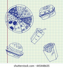 Fast food menu. Different types of pizza. Hand drawn vector stock illustration. Sheet ball pen drawing.