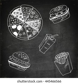 Fast food menu. Different types of pizza. Hand drawn vector stock illustration. Chalk board drawing.