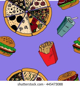Fast food menu. Different types of pizza. Hand drawn vector stock illustration. Seamless background pattern.