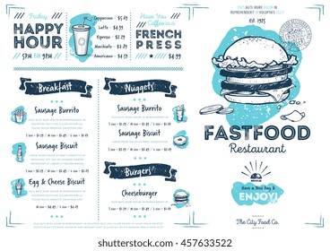 Fast food menu. Double burger sketch with snack, hot drink assortment for breakfast. Vector price booklet illustration. Restaurant, grill bar or cafe menu brochure cover hand drawn template