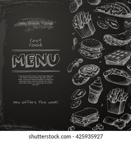 Fast food menu drawn on the chalkboard. Sketch vector illustration. Fast food restaurant.. Hamburger, hot dog, sandwich, snacks, waffles, pizza, french fries, ice cream, donuts, burger, sauce
