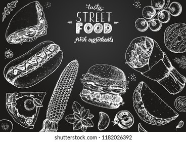 Fast food. Menu elements. Hand drawn sketch collection for menu. Vector illustration. Junk food set. Engraved style illustration. Street food top view frame. Vintage menu design.