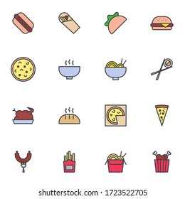 Fast food menu filled outline icons set, line vector symbol collection, junk food linear colorful pictogram pack. Signs, logo illustration, Set includes icons as hot dog, taco, hamburger, sushi roll