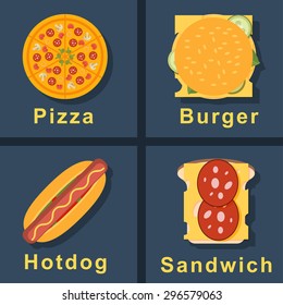 fast food menu flat icons set isolated on white background, vector illustrations eps 10