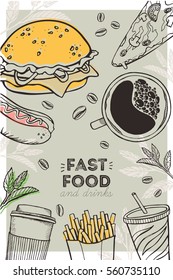 Fast food menu. Flyer. Vector cafe template with hand-drawn graphic. 
