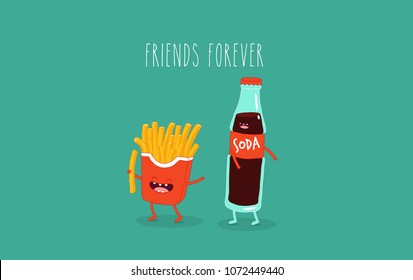 Fast food menu. Glass of cola with French fries are friends forever. Vector Illustrations. You can use for cards, fridge magnets, stickers, posters.
