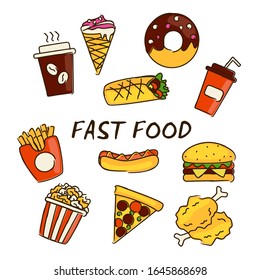 Fast food menu with hamburger, french fries, hot dog, sausage, coffee, sandwich, popcorn, ice cream, pizza, donut, taco and so. Vector illustration, isolated on white, eps 10.