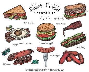 fast food menu, hamburger, snack, bread, burger, sandwich, chicken, poster, breakfast,  eggs, sausage, bacon, salami, ketchup, omelet