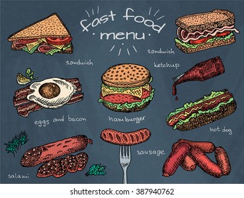 fast food menu, hamburger, snack, bread, burger, sandwich, chicken, poster, breakfast,  eggs, sausage, bacon, salami, ketchup, omelet