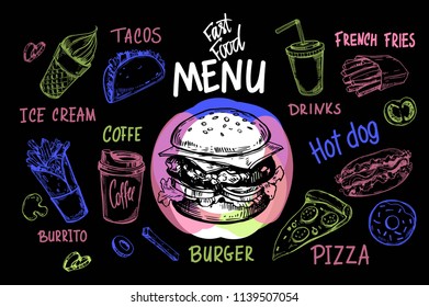 Fast food menu. Hand drawn sketch converted to vector