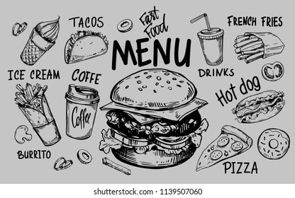 Fast food menu. Hand drawn sketch converted to vector