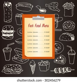 Fast Food menu with hand drawn doodle elements and clipboard. Vector illustration for menu, posters, prints, banners, web design, covers
