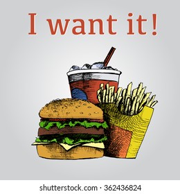 Fast food menu hand drawn. I want it sign. Vector illustration