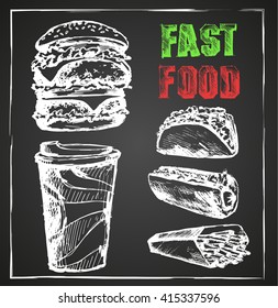 Fast food, menu, hand drawn chalk Board Vector Illustration. Eps 10.