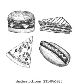 Fast Food Menu. Hand-drawn illustration of dishes. Ink. Vector 