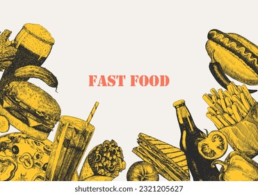 Fast Food Menu. Hand-drawn illustration of dishes and products. Ink. Vector 