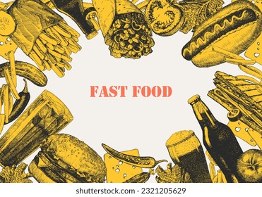 Fast Food Menu. Hand-drawn illustration of dishes and products. Ink. Vector 