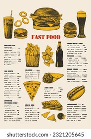 Fast Food Menu. Hand-drawn illustration of dishes and products. Ink. Vector 