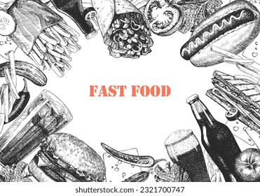 Fast Food Menu. Hand-drawn illustration of dishes and products. Ink. Vector 