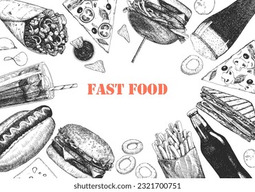 Fast Food Menu. Hand-drawn illustration of dishes and products. Ink. Vector 