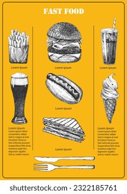 Fast Food Menu. Hand-drawn illustration of dishes and products. Ink. Vector 