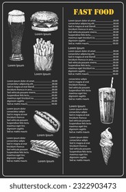 Fast Food Menu. Hand-drawn illustration of dishes and products. Ink. Vector 
