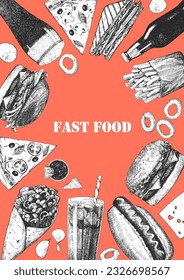 Fast Food Menu. Hand-drawn illustration of dishes and products. Ink. Vector 