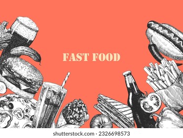 Fast Food Menu. Hand-drawn illustration of dishes and products. Ink. Vector 