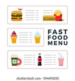 Fast food menu with ice cream, burgers and drinks vector flat material design isolated on white