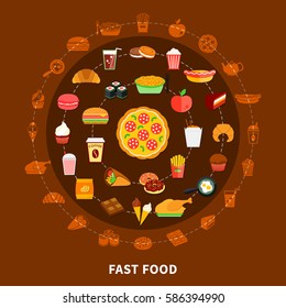 Fast food menu icons circle composition with salami pizza center on chocolate brown background poster vector illustration 