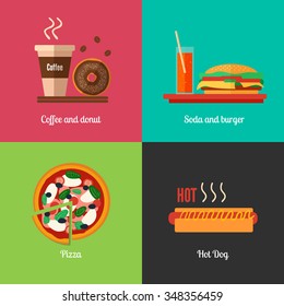 Fast food menu icons of pizza, burger, hot dog, coffee paper cup and chocolate donut. Square composition banner. Vector illustration in a flat style