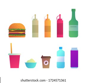 Fast food menu icons set. Hamburger, coffee and soda drink in paper cup, bottle of water, mayonnaise, ketchup and mustard elements. Street food lunch and take away fast food menu vector illustration.