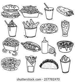 Fast food menu icons set with hamburger chips hotdog black outline symbols emblems sketch isolated vector illustration