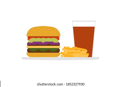 Fast food menu illustration icon. Burger, fries and a drink. Vector.
