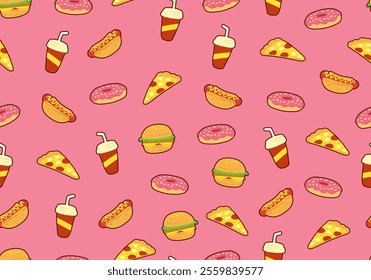 fast food menu illustration seamless pattern background with burger, pizza slice, soda drink, hotdog and donuts