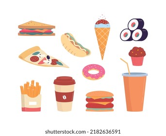 Fast Food menu items collection flat vector illustration isolated on white background. Set of fast food restaurant snacks and drinks in disposable packaging.