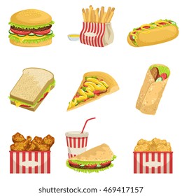 Fast Food Menu Items Realistic Detailed Illustrations