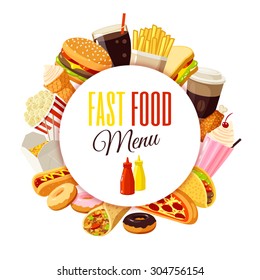 "Fast food menu" label with hamburger, french fries, coffee, sandwich, popcorn, ice cream, pizza, taco and so. Vector illustration, isolated on white, eps 10.