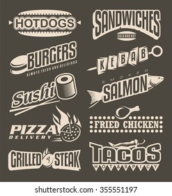 Fast food menu labels collection. Retro design elements for restaurant menu. Hot dog, burger, sandwich, kebab, salmon, pizza, tacos, sushi, fried chicken, grill and barbecue vintage text templates.