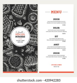 Fast food menu. Linear graphic. Snack collection. Junk food cafe. Chalkboard engraved top view illustration. Vector illustration