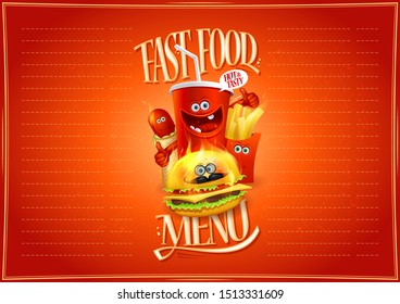 Fast food menu list design concept with hot dog, burger, french fries and drink as a cartoon personages, empty space for text