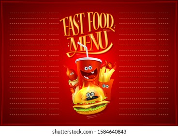 Fast food menu list with hot dog, burger, french fries and drink as a cartoon personages, copy space for text
