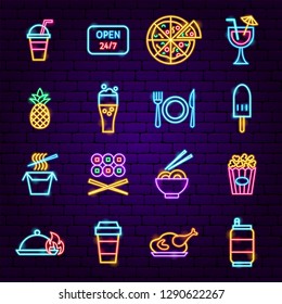 Fast Food Menu Neon Icons. Vector Illustration of Street Restaurant Promotion.