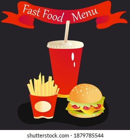 Fast food menu on black background. Vector illustration.