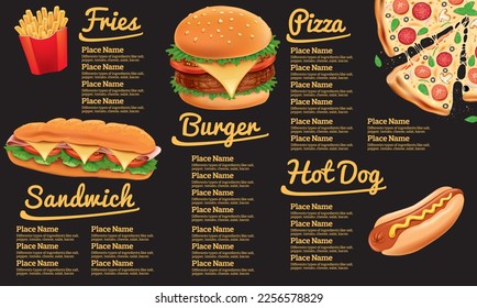 Fast food menu on black chalkboard with hamburger, fries, hotdog, sandwich, baguette, pizza