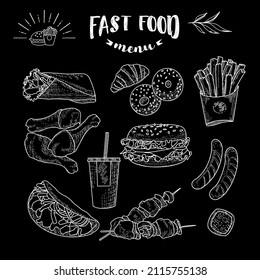 Fast food menu on a chalk board. Hamburger, French fries, hot dog and tacos. Pizza, sausages and barbecue.