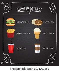 Fast food menu on chalkboard, vector